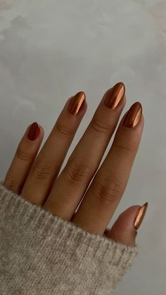 Fall Iridescent Nails, Pumpkin Chrome Nails, Fall Copper Nails, Orange Chrome Nails Fall, Copper Fall Nails, Fall Crome Nails, Chrome Autumn Nails, Burnt Orange Chrome Nails, Fall Nails Round