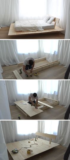 the process of making a bed frame is shown in three different stages, including construction and assembly