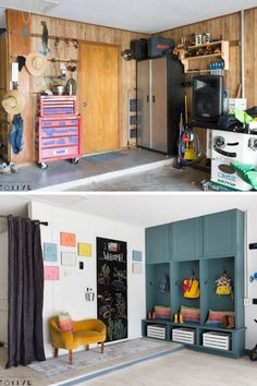 before and after photos of a garage with various items on the wall, including storage cabinets