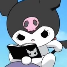 a cartoon character is reading a book while sitting on top of another character's head