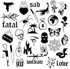 various tattoo designs and symbols are shown in black on white, as well as the words fatal