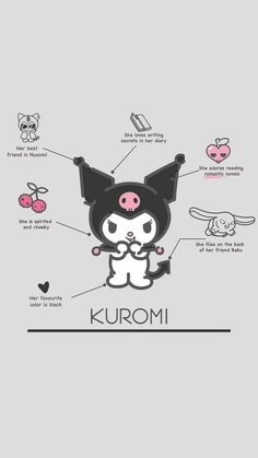 an image of a cartoon character with the words kuromi written in different languages