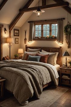 a large bed sitting under a window in a bedroom next to a wooden table and lamp