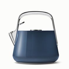 an electric kettle is shown with the handle extended to it's side, and has a blue color