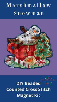 "Marshmallow Snowman" Mill Hill Counted Cross Stitch Glass Bead Magnet Ornament Kit  Makes 1 Magnet  Size - 2.75" x 2.5"  Kit contents:  - Mill Hill Glass Beads  - Mill Hill 14ct perforated or painted perforated paper  - Mill Hill Glass or Crystal Treasure  - Floss  - Needles  - Magnet  - Chart Christmas Counted Cross Stitch, Marshmallow Snowman