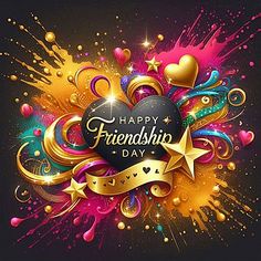 happy friends day card with gold stars and hearts on black background, eps file available