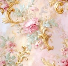 a pink and gold wallpaper with flowers on it