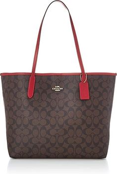 Coach Signature City Tote      Style: 5696      Color: Brown 1941 Red      Retail Price: $350.00 + Tax   .  Signature coated canvas with leather trim .  Magnetic snap closure/Unlined  .  Inside zip pockets  .  Handles with 10" drop .  Gold tone hardware .  Approx.: 13" (L) x 11 1/2" (H) x 6" (W)\ NWT ITEM COMES FROM A PET/SMOKE FREE ENVIRONMENT Coach City Tote, Chloe Bags Handbags, City Tote Bag, Coach Tote Bag, Satin Purses, Coach Tote Bags, Office Bag, Coach Tote, Signature Canvas