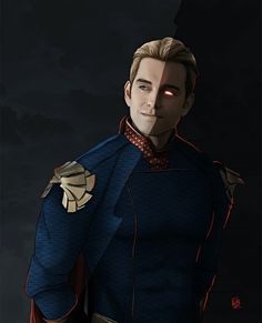 a digital painting of a man in a blue suit and red cape with his hands on his hips