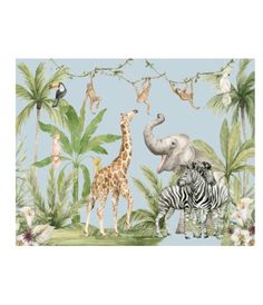 a wallpaper with giraffes, zebras and elephants in the jungle