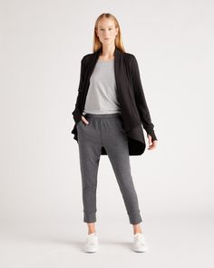 With side pockets and thumbholes for an athletic feel, but the comfort and look of a coastal cardigan, this one can take you anywhere. Super light, breathable, soft, and stretchy. This longer style cardigan has a back seam detail and wide ribbed hem for premium feel you can cozy up in.  | Quince | Women's French Terry Modal Cardigan Sweater in Black, Size XS, Lenzing Modal Cashmere Robe, Can Cozy, Silk Tee, Soft Cardigan, Knit Blazer, Style Cardigan, Long Style, Black Cardigan, Quince