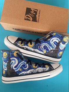 "⭐ FREE SHIPPING ⭐ With swirling lines and dramatic colors, this dreamy depiction of converse high tops' starry night is one of its kind. This pair of painted shoes surely highlight your personality in the crowd. A perfect starry night converse high tops for your loved one. We have a custom gifts wrapping service as well. Key Features: ⭐ Soft and comfortable sole, easy fitting ⭐ Personalized design as per your choice ⭐ Permanent acrylic painting sealed with protected sprays We use high-end quali Celestial Shoes, Starry Night Painting, Painted Sneakers, Board Inspiration, Hand Painted Shoes, Starry Night Van Gogh, Shoe Last, Unisex Shoes, Painted Shoes