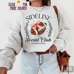 This Sideline Social Club Football Sweatshirt is the perfect football crewneck for the football girlfriend, football wife, football mom or football fan! Our Gildan 18000 sweatshirts are super cozy and DTG printed (printed with ink). ❗❗There may be a slight difference in the colors due to different monitors. ❗❗ 🌞 HOW TO ORDER 🌞 * Select your size and color from the drop-down menu * Add your sweatshirt to cart. If you would like more than one, add each one to cart individually. * Proceed to check out! * Your sweatshirt will be ready to ship in 1-3 days! 🌞 SIZING 🌞 Check the Size Chart and Fit Guide in the photos for reference! 🌞 PRODUCTION + SHIPPING 🌞 * Order Production: 1-3 business days  * Standard Shipping: 1-5 business days after production time 🌞 SWEATSHIRT DETAILS 🌞 * 50% cott Mom Attire, Football Wife, Football Girlfriend, Footballers Wives, Football Crewneck, Club Football, Football Sweater, Sweatshirt Details, Football Sweatshirt