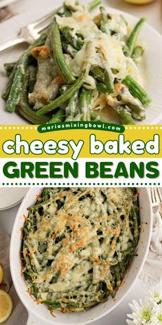 These Cheesy Baked Green Beans are the perfect side dish for any meal. Made with fresh green beans and a creamy sauce this recipe is a great way to jazz up this simple vegetable. Cheesy Green Chili Bean Bake, Easy Green Beans Recipe, Best Green Bean Recipe Ever, Green Bean Sides, Healthy Green Bean Recipes, Green Vegetable Side Dish, Cheesy Vegetables, Cheesy Beans, Green Bean Side Dish