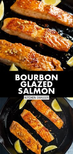 grilled salmon in a cast iron skillet with lemon wedges