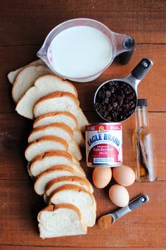 bread, eggs and other ingredients on a wooden table