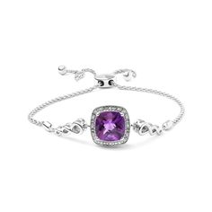 81139SSAMSLTB Glitz And Glamour, Bolo Bracelet, Bracelet Collection, Amethyst Gemstone, Adjustable Bracelet, Cushion Cut, Purple Amethyst, Sterling Silver Bracelets, Link Bracelets