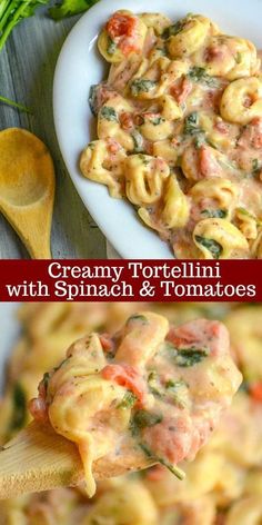 creamy tortelli with spinach and tomatoes is an easy dinner recipe that's ready in under 30 minutes