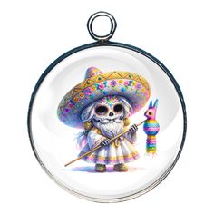 a glass ornament with an image of a cat wearing a sombrero