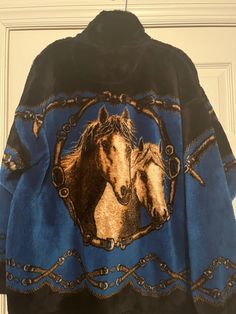 Bear Ridge Outfitters vintage horse jacket.  Collared with full zip and side pockets.  Machine washable, Made in USA.  One size small and one size medium. Western Style Blue Winter Outerwear, Vintage Winter Outerwear With Graphic Print, Vintage Long Sleeve Outerwear With Graphic Print, Cowboy Tattoos, Vintage Horse, Horse Print, Vintage Jacket, Fleece Jacket, Rock N Roll