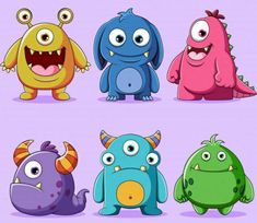 four different colored monsters with big eyes