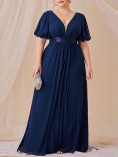 Navy Blue  Collar Short Sleeve Woven Fabric Plain A Line Embellished Non-Stretch Spring/Summer/Fall Weddings & Events Mother Of The Bride Dresses For Summer Wedding, Blue Dress Plus Size, Mom Wedding Dress, Elegant Outfit Classy, Plus Size Gowns, Plus Size Bridesmaid, Plus Size Party Dresses, Top Wedding Dresses, Maxi Bridesmaid Dresses