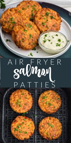 air fryer salmon patties with ranch dressing on the side and an image of them