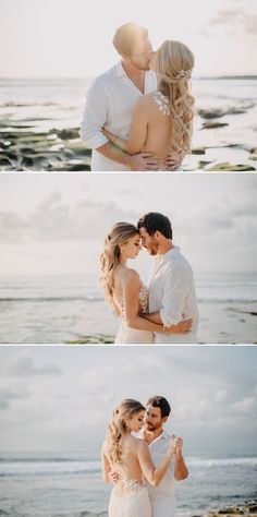 a couple kissing on the beach in front of the ocean with their arms around each other