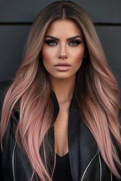 Blonde Hair With Chocolate Lowlights, Trending Hair Color 2024 Women, Hair Color Ideas Rose Gold, Pink Baylage Hair Blonde, Blonde Pink And Black Hair, Light Pink Hair Brown Roots, Rose Gold Ombre Hair, Dark Blonde Pink Balayage, Ash Blonde Pink Balayage