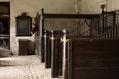 a horse is standing behind a gate in an old building with stone floors and walls