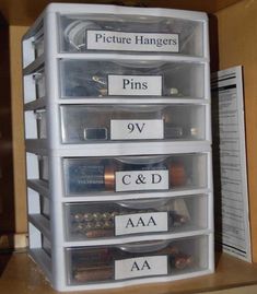 the drawers are labeled with pictures and pins