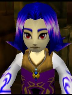 an animated character with blue hair and red eyes in a video game avatar looking at the camera