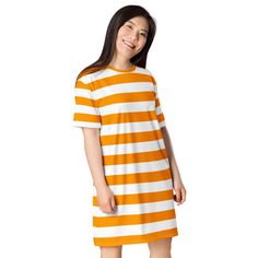 This orange and white stripes t-shirt dress is all around the perfect dress to wear everywhere, anytime. It has a dropped armhole with wide sleeves and dropped shoulders for extra comfort and mobility. It comes in a range of sizes from extra small to plus size, so everyone can enjoy the comfortable feeling of this t-shirt dress. Orange and white stripes make it an extra fun addition to your closet. See more striped clothing View the full Plus Size collection + PRODUCT DESCRIPTION + Made of 96% P Casual Oversized Striped Dresses, White Dresses With Horizontal Stripes For Summer, Striped Short Sleeve Relaxed Fit Dress, Striped Relaxed Fit Short Sleeve Dresses, Striped Dresses With Short Sleeves And Relaxed Fit, Striped Dresses With Relaxed Fit And Short Sleeve, Striped Clothing, Oversized T Shirt Dress, Striped T Shirt Dress