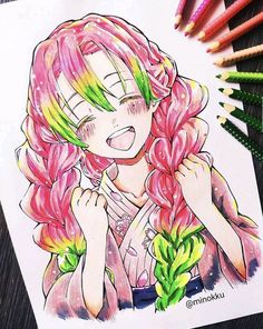 a drawing of a girl with pink hair and green eyes, holding her hands to her face