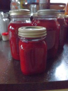 jars filled with red liquid sitting on top of a counter