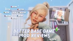 an animated image of a woman holding a jacket in front of a computer screen with the words better base game moo reviews