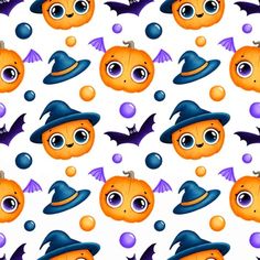 halloween pumpkins with bats and balls on a white background seamless wallpaper pattern