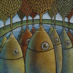 a painting of fish in the water with trees around them and blue sky behind it