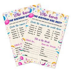 two birthday party game cards with balloons and confetti