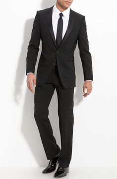 HUGO 'Aikin Hollo' Trim Fit Wool Tuxedo (Free Next Day Shipping) (Online Only) | Nordstrom Black Suit And Tie, Men Work Outfits, Hugo Boss Suit, Bespoke Clothing, Black Tux, Groomsmen Attire, Wedding Suit, Sharp Dressed Man, Black Suit