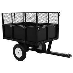 a black trailer with two wheels and a cage on the back is isolated against a white background