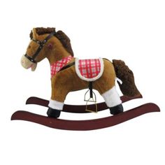 a wooden rocking horse with a red and white checkered blanket on it's back