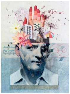 a man's head is surrounded by flowers and other things in the background, including his hands