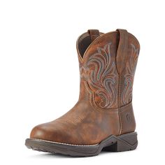 Lightweight, comfortable, and versatile, this is a boot you can throw on to feed the cows, ride your horse, or run into town. A roomy round toe and easy slip-on design makes it the pair you'll keep by the door. Anthem Round Toe Shortie Western Boot | Product Features : 0 : 4LR™ technology provides lightweight support as you walk and ride, 1 : Mesh lining, 2 : Lightweight EVA midsole for shock absorption, 3 : Duratread™ sole is extremely durable while still letting your foot flex, 4 : Four-row st Women's Equestrian, Western Embroidery, Square Toe Western Boots, Copper Kettle, Stylish Summer Outfits, Boots Square Toe, Leather Western Boots, Western Boots Women, Leather Cowboy Boots