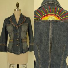 Fitted Jean Jacket, Embroidered Sun, Anti Fashion, Tie Dye Cotton, Women's Tie, Folk Dresses, Hippie Dresses, Mens Tee Shirts