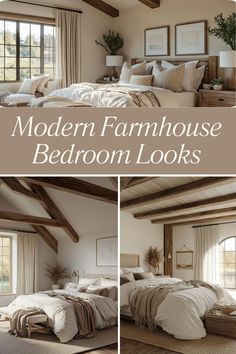 the modern farmhouse bedroom looks like it has been made into a cozy place for guests to sleep