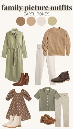 an assortment of clothes and shoes with the words family picture outfits earth tones on them