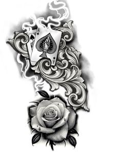 a black and white drawing of a rose with playing cards on it