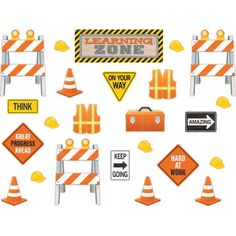 an assortment of construction signs and stickers on a white background with words learning zone