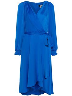 royal blue satin finish wrap design V-neck concealed rear fastening long balloon sleeves smocked cuffs belted waist high-low hem mid-length unlined Spring Satin Midi Dress With Tie Waist, Chic Satin Midi-length Wrap Dress, Chic Satin Midi Wrap Dress, Spring Satin Midi Wrap Dress, Spring Satin Wrap Dress, Midi Length, Blue Midi Dress With Belted Cuffs, Chic Satin Midi Length Wrap Dress, Long Sleeve Satin Dress With Belt, Long Sleeve Satin Belted Dress